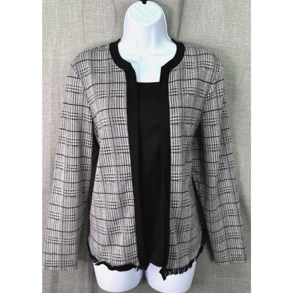 Rebecca Malone Long Sleeve Sweater Knit Top Size L Layered Look Plaid Black Gray